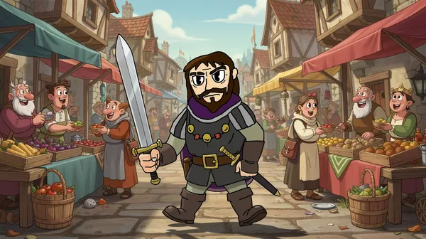 The Sheriff walking through the market, sword drawn, done collecting taxes