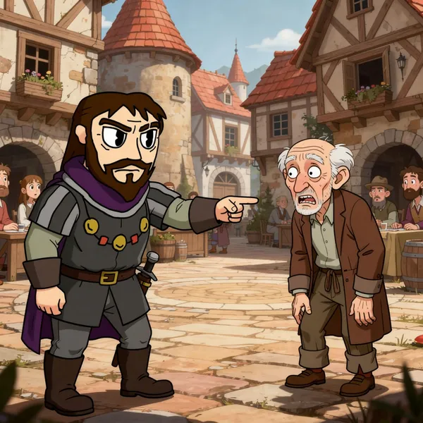 The Sheriff towering over frightened villagers in the market