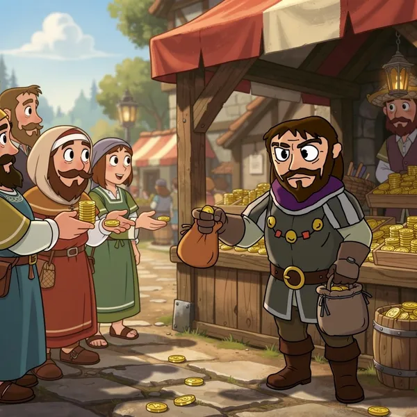 The Sheriff handing gold coins back to villagers he once taxed